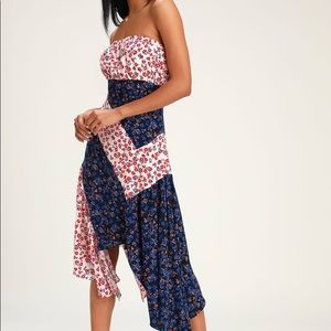 Lulus Navy and Blush Floral Strapless Dress sz L like new!